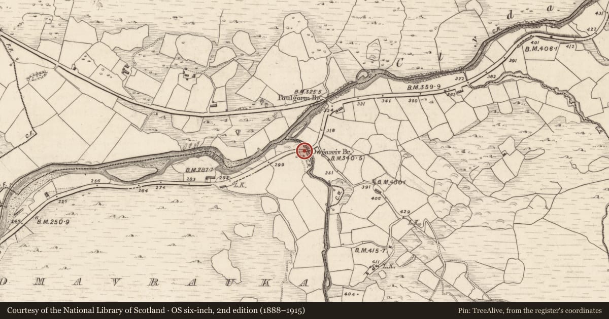 Ordnance Survey six-inch map, 2nd edition (1888–1915) covering the location of Bridge, Coomacullen, County Kerry, with a pin at the register's coordinates