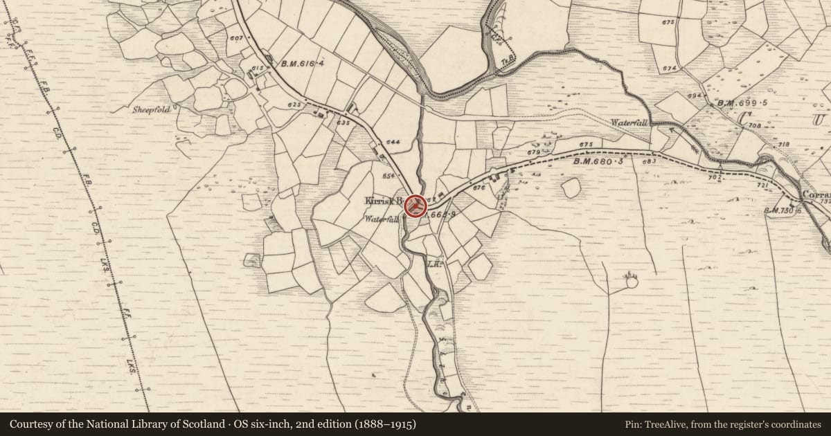 Ordnance Survey six-inch map, 2nd edition (1888–1915) covering the location of Bridge, Derryreag, County Kerry, with a pin at the register's coordinates
