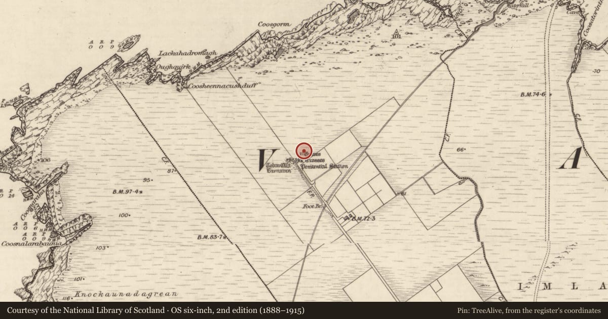 Ordnance Survey six-inch map, 2nd edition (1888–1915) covering the location of Burial, Coarha Beg, County Kerry, with a pin at the register's coordinates