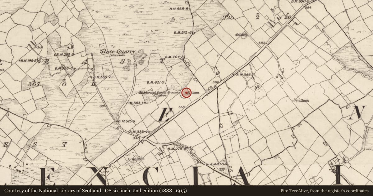Ordnance Survey six-inch map, 2nd edition (1888–1915) covering the location of Children's burial ground, Cool East, County Kerry, with a pin at the register's coordinates