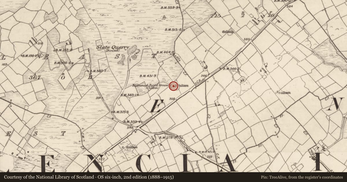 Ordnance Survey six-inch map, 2nd edition (1888–1915) covering the location of Hut site, Cool East, County Kerry, with a pin at the register's coordinates