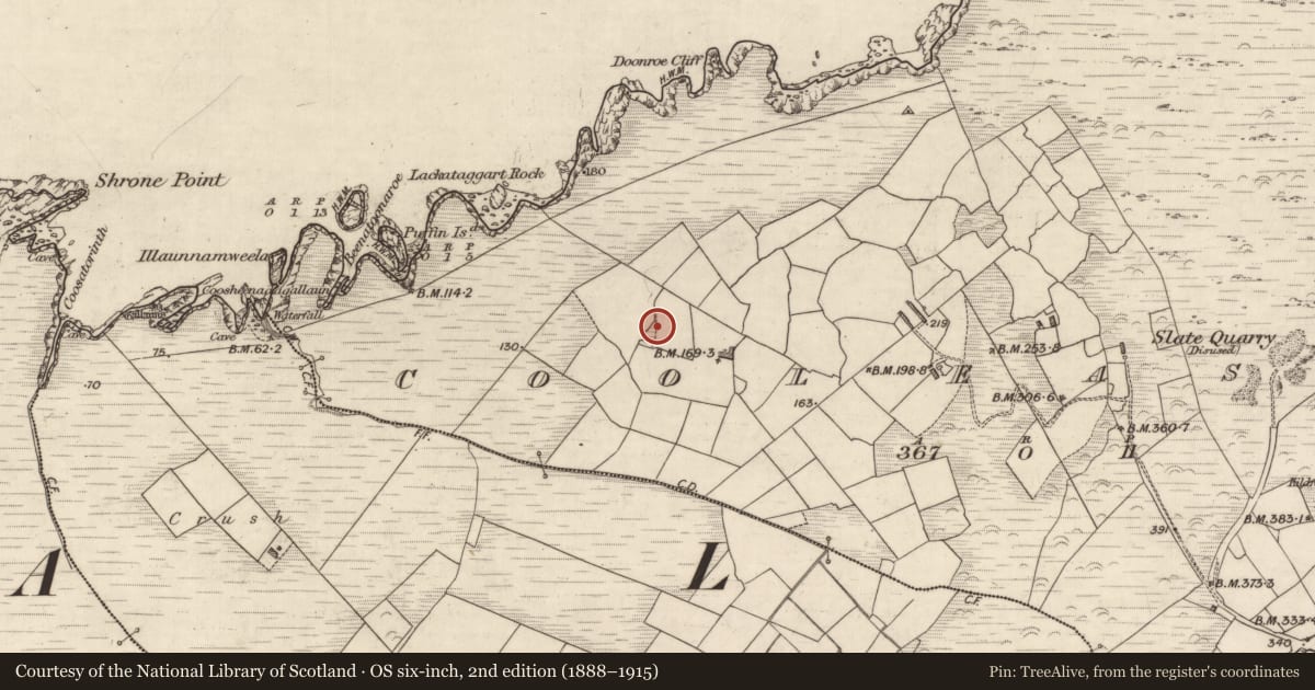 Ordnance Survey six-inch map, 2nd edition (1888–1915) covering the location of Hut site, Cool East, County Kerry, with a pin at the register's coordinates