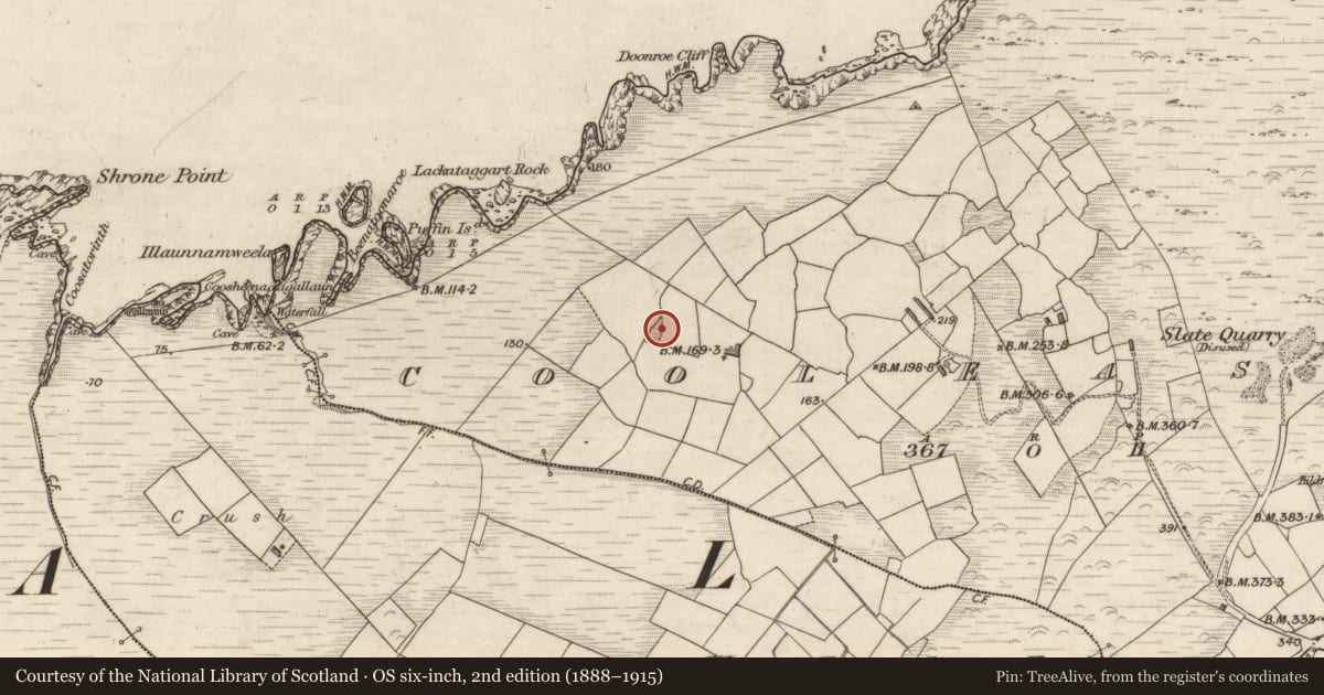 Ordnance Survey six-inch map, 2nd edition (1888–1915) covering the location of Hut site, Cool East, County Kerry, with a pin at the register's coordinates