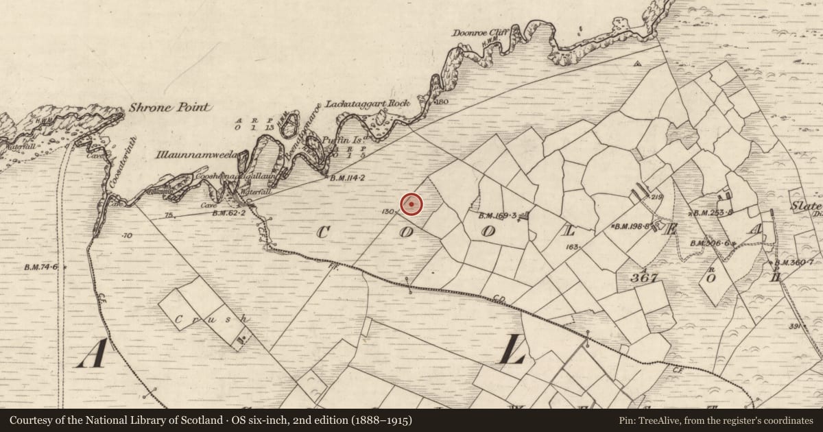 Ordnance Survey six-inch map, 2nd edition (1888–1915) covering the location of Souterrain, Cool East, County Kerry, with a pin at the register's coordinates