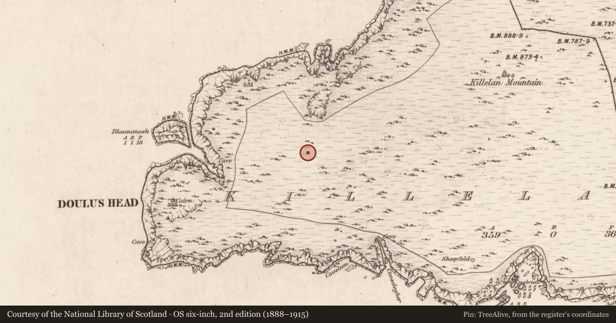 Ordnance Survey six-inch map, 2nd edition (1888–1915) covering the location of Hut site, Killelan West, County Kerry, with a pin at the register's coordinates