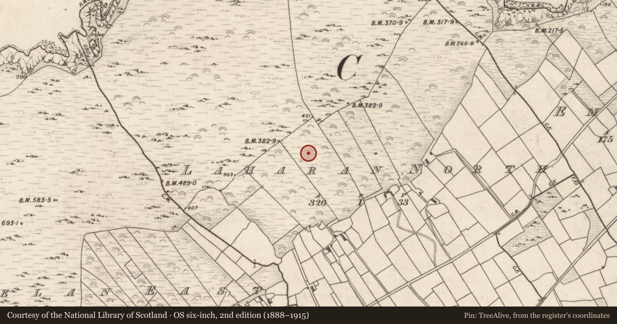 Ordnance Survey six-inch map, 2nd edition (1888–1915) covering the location of Hut site, Laharan North, County Kerry, with a pin at the register's coordinates