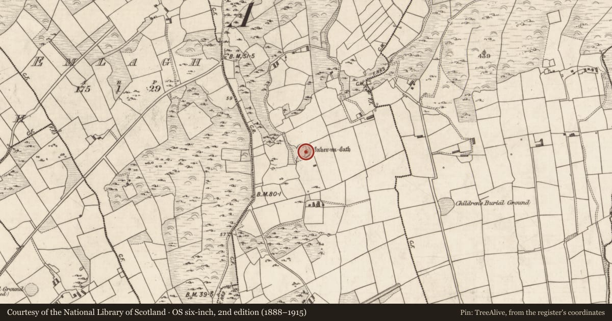 Ordnance Survey six-inch map, 2nd edition (1888–1915) covering the location of Souterrain, Kimego West, County Kerry, with a pin at the register's coordinates