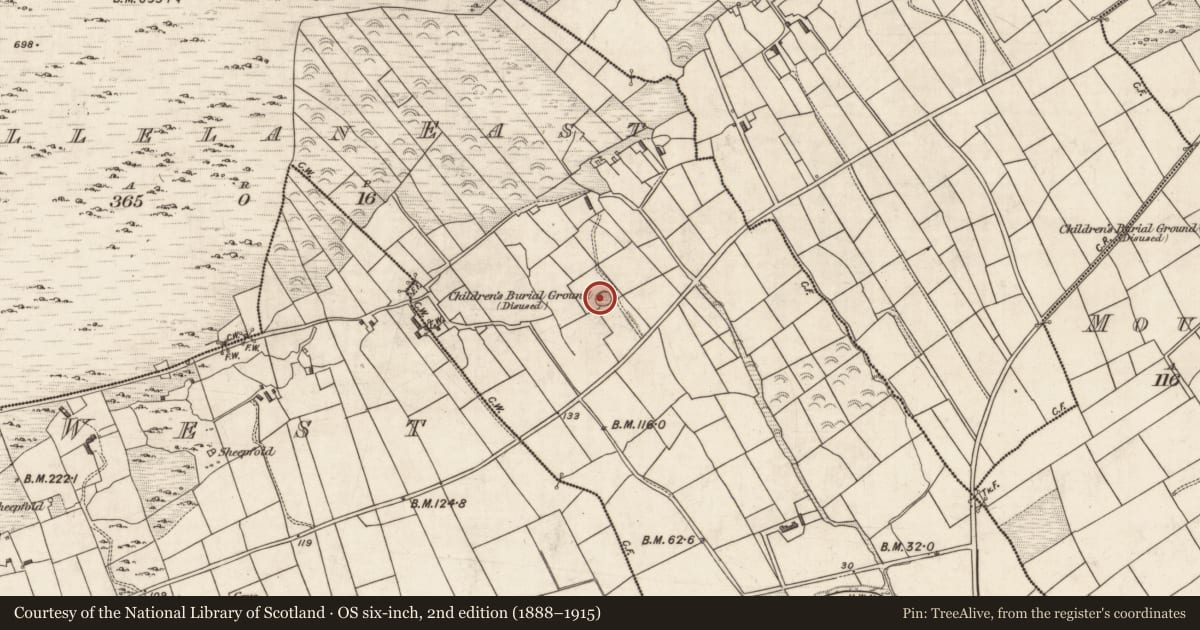 Ordnance Survey six-inch map, 2nd edition (1888–1915) covering the location of Children's burial ground, Killelan East, County Kerry, with a pin at the register's coordinates