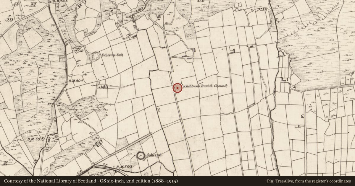 Ordnance Survey six-inch map, 2nd edition (1888–1915) covering the location of Children's burial ground, Kimego East, County Kerry, with a pin at the register's coordinates