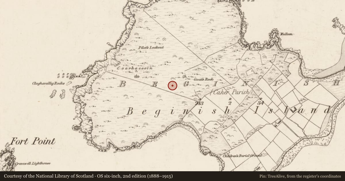 Ordnance Survey six-inch map, 2nd edition (1888–1915) covering the location of Hut site, Beginish, County Kerry, with a pin at the register's coordinates