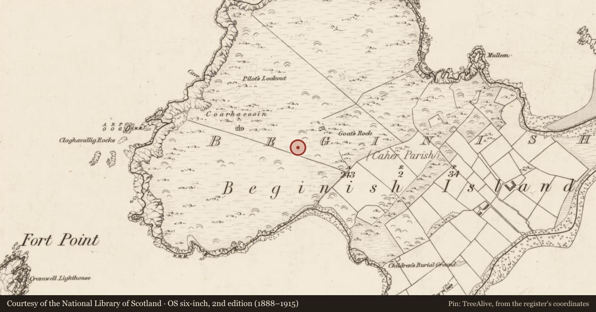 Ordnance Survey six-inch map, 2nd edition (1888–1915) covering the location of Enclosure, Beginish, County Kerry, with a pin at the register's coordinates