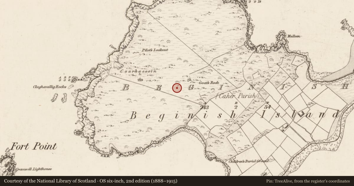 Ordnance Survey six-inch map, 2nd edition (1888–1915) covering the location of Hut site, Beginish, County Kerry, with a pin at the register's coordinates