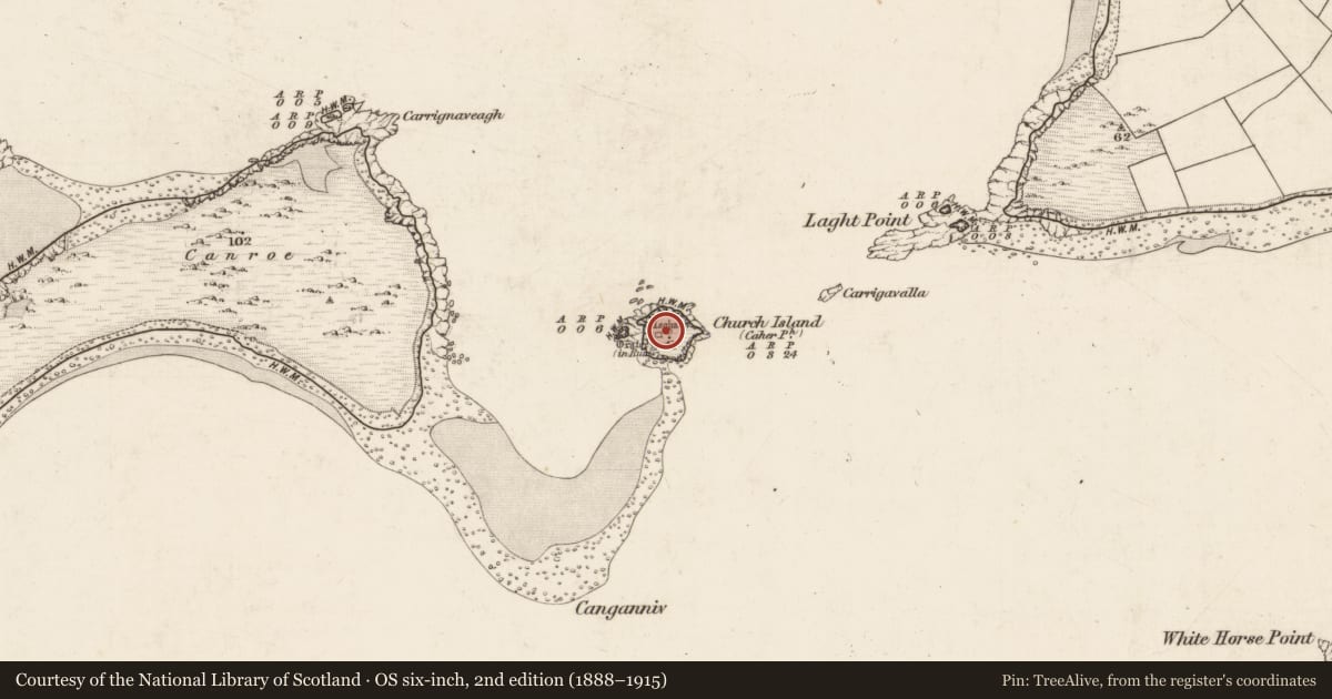 Ordnance Survey six-inch map, 2nd edition (1888–1915) covering the location of House - early medieval, Church Island, County Kerry, with a pin at the register's coordinates