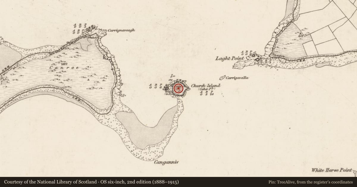 Ordnance Survey six-inch map, 2nd edition (1888–1915) covering the location of Cistern, Church Island, County Kerry, with a pin at the register's coordinates