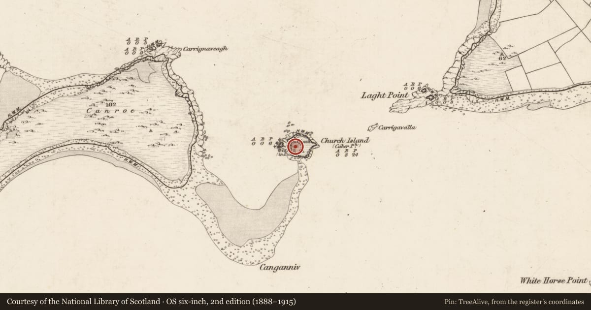 Ordnance Survey six-inch map, 2nd edition (1888–1915) covering the location of Cross, Church Island, County Kerry, with a pin at the register's coordinates
