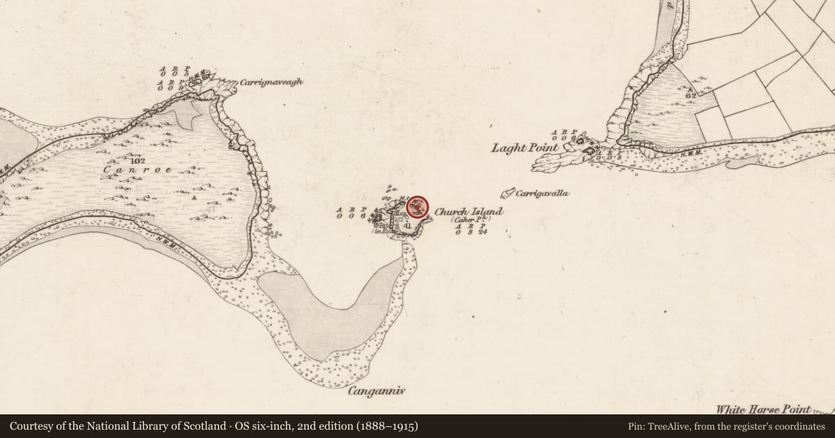 Ordnance Survey six-inch map, 2nd edition (1888–1915) covering the location of House - early medieval, Church Island, County Kerry, with a pin at the register's coordinates