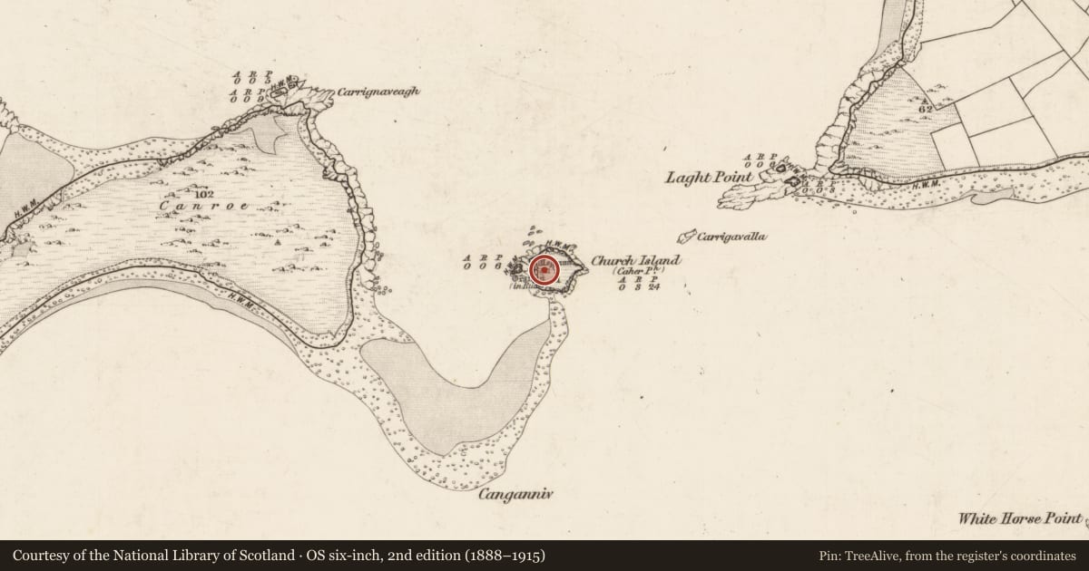 Ordnance Survey six-inch map, 2nd edition (1888–1915) covering the location of Architectural fragment, Church Island, County Kerry, with a pin at the register's coordinates