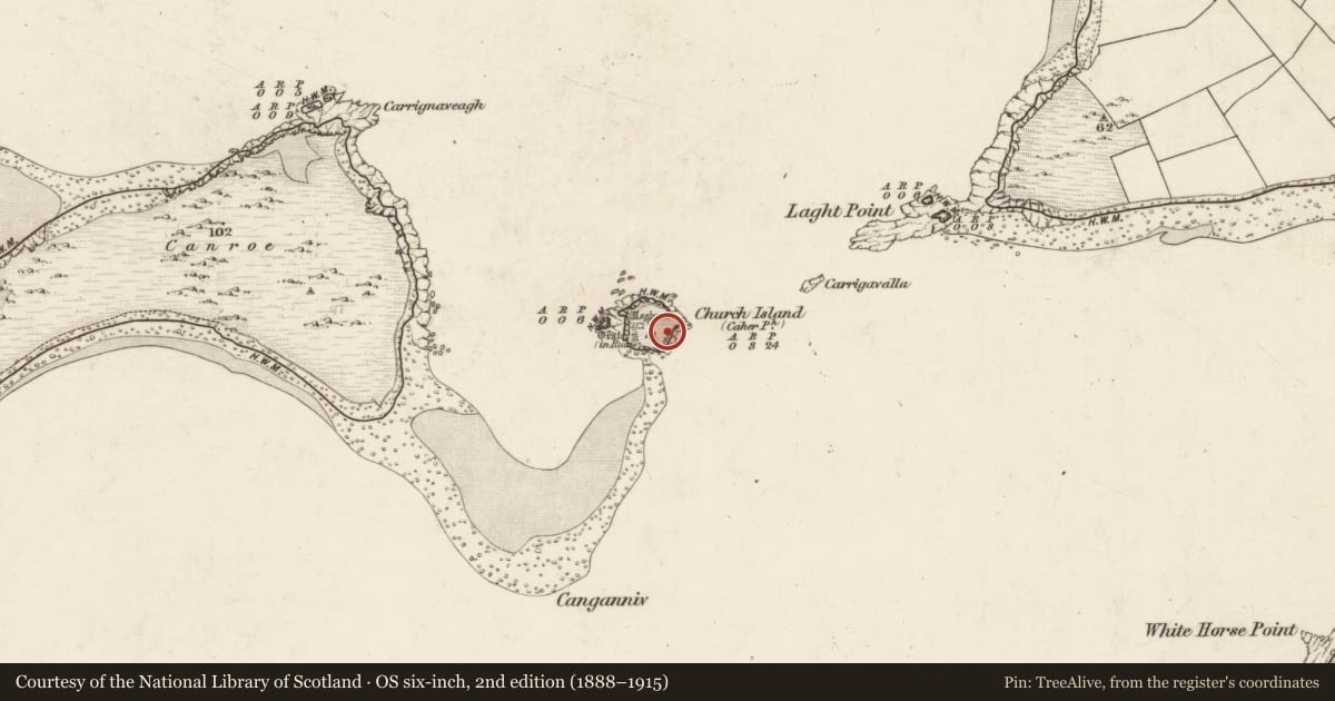 Ordnance Survey six-inch map, 2nd edition (1888–1915) covering the location of Cross-slab, Church Island, County Kerry, with a pin at the register's coordinates