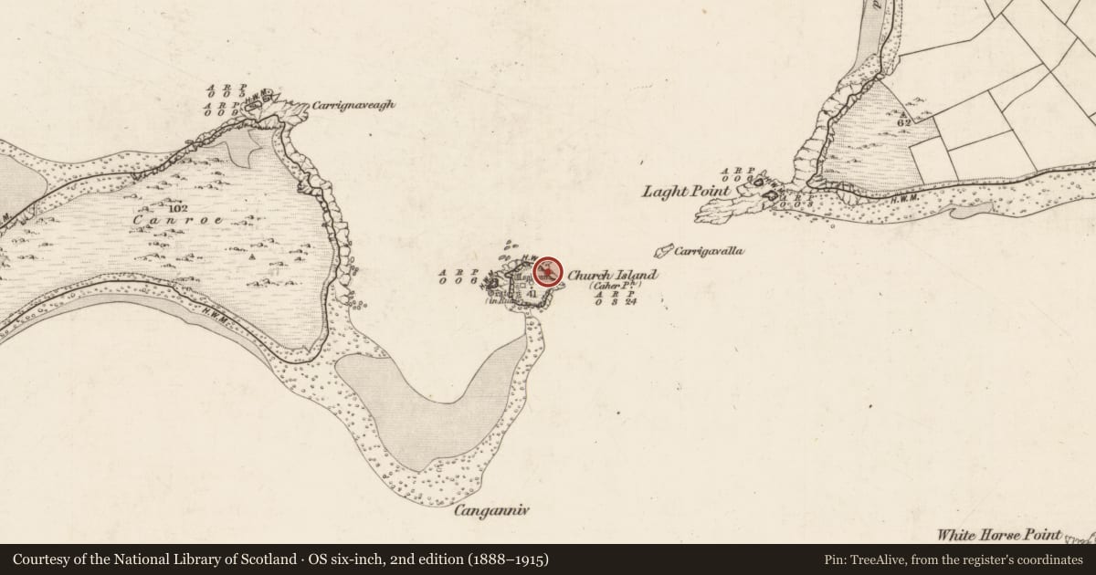 Ordnance Survey six-inch map, 2nd edition (1888–1915) covering the location of Cistern, Church Island, County Kerry, with a pin at the register's coordinates