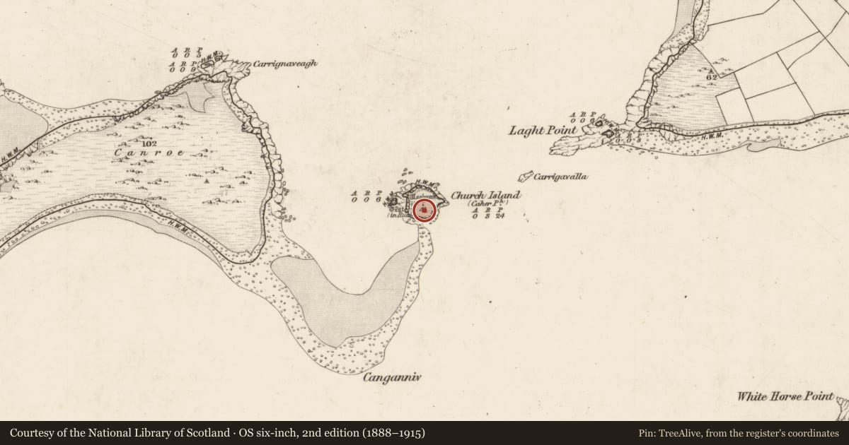 Ordnance Survey six-inch map, 2nd edition (1888–1915) covering the location of Shrine, Church Island, County Kerry, with a pin at the register's coordinates