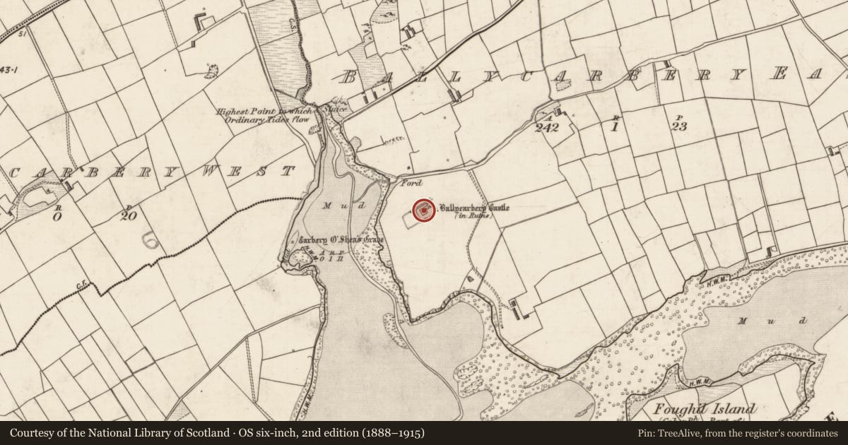 Ordnance Survey six-inch map, 2nd edition (1888–1915) covering the location of Castle - hall-house, Ballycarbery East, County Kerry, with a pin at the register's coordinates