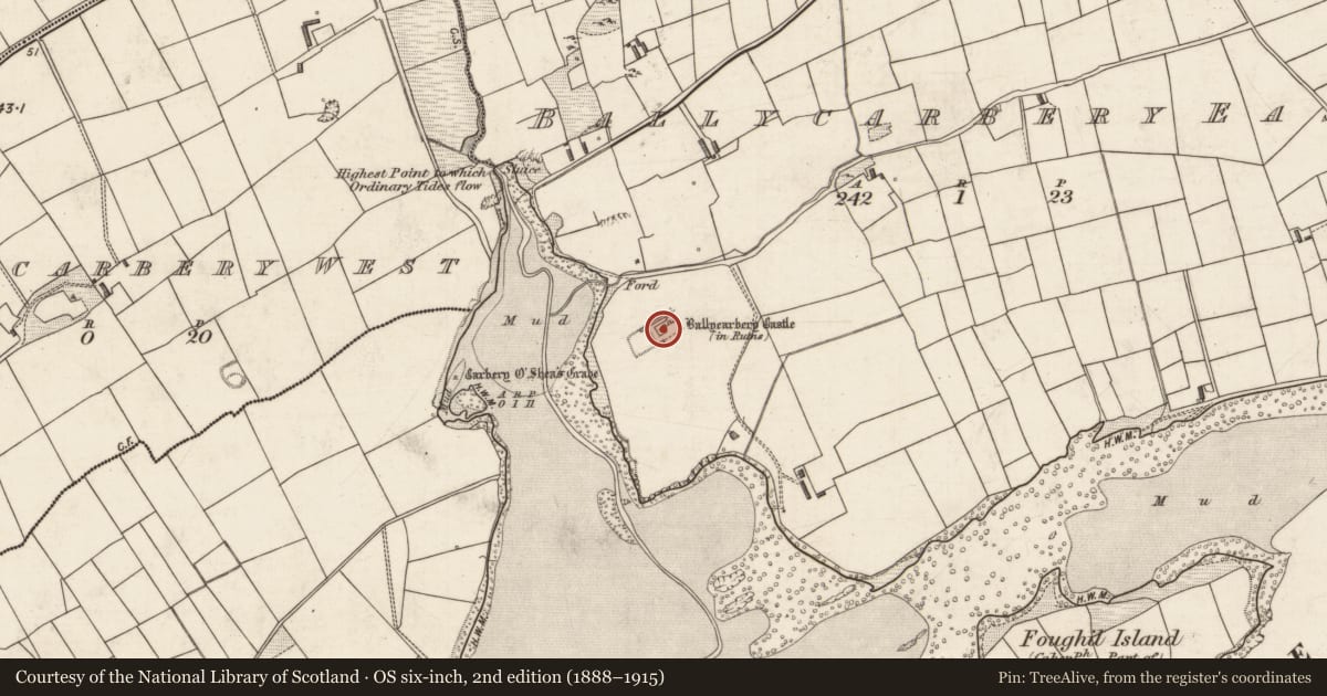 Ordnance Survey six-inch map, 2nd edition (1888–1915) covering the location of Bawn, Ballycarbery East, County Kerry, with a pin at the register's coordinates
