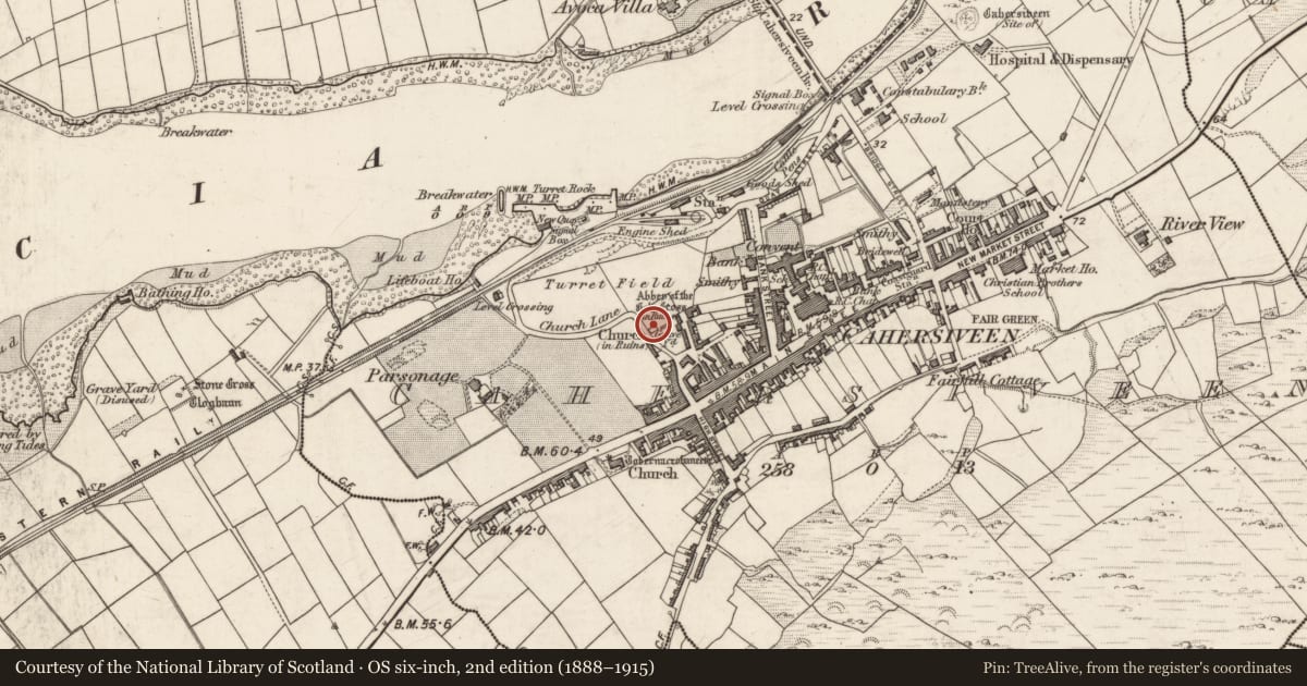 Ordnance Survey six-inch map, 2nd edition (1888–1915) covering the location of Church, Cahersiveen, County Kerry, with a pin at the register's coordinates