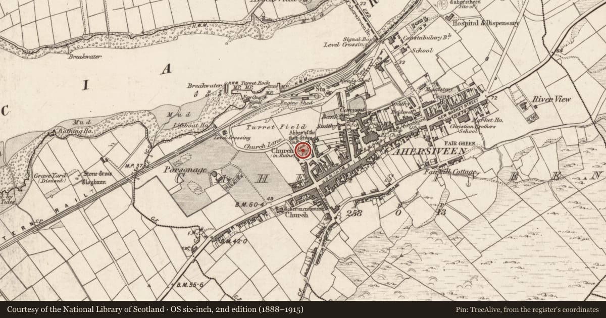 Ordnance Survey six-inch map, 2nd edition (1888–1915) covering the location of Graveyard, Cahersiveen, County Kerry, with a pin at the register's coordinates