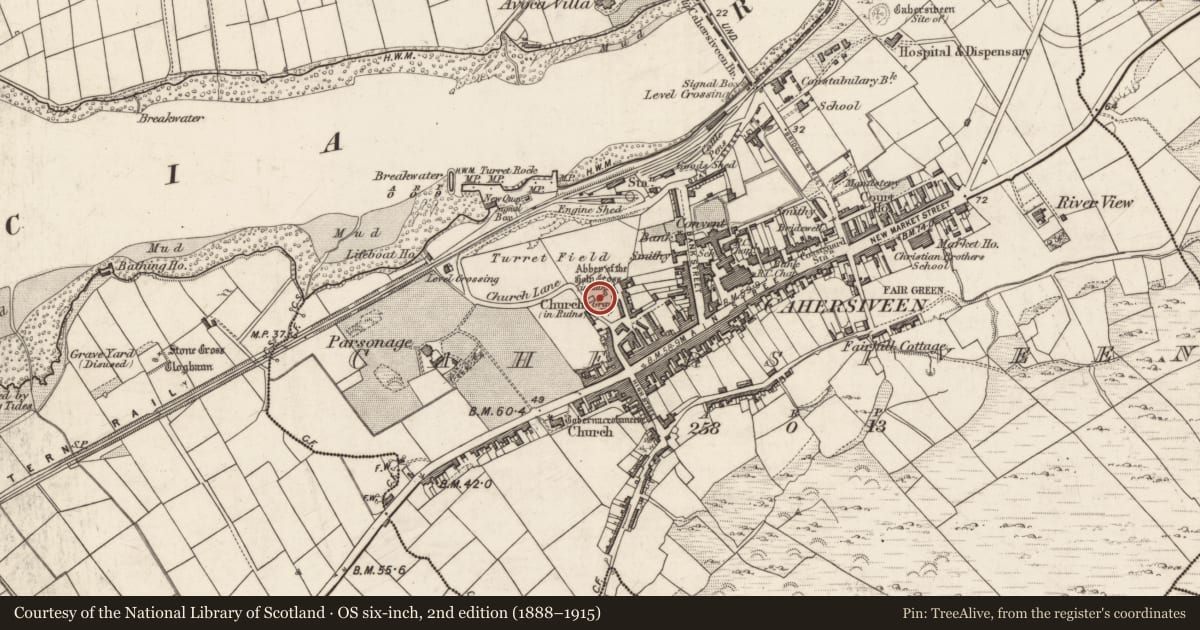 Ordnance Survey six-inch map, 2nd edition (1888–1915) covering the location of Cross-slab, Cahersiveen, County Kerry, with a pin at the register's coordinates