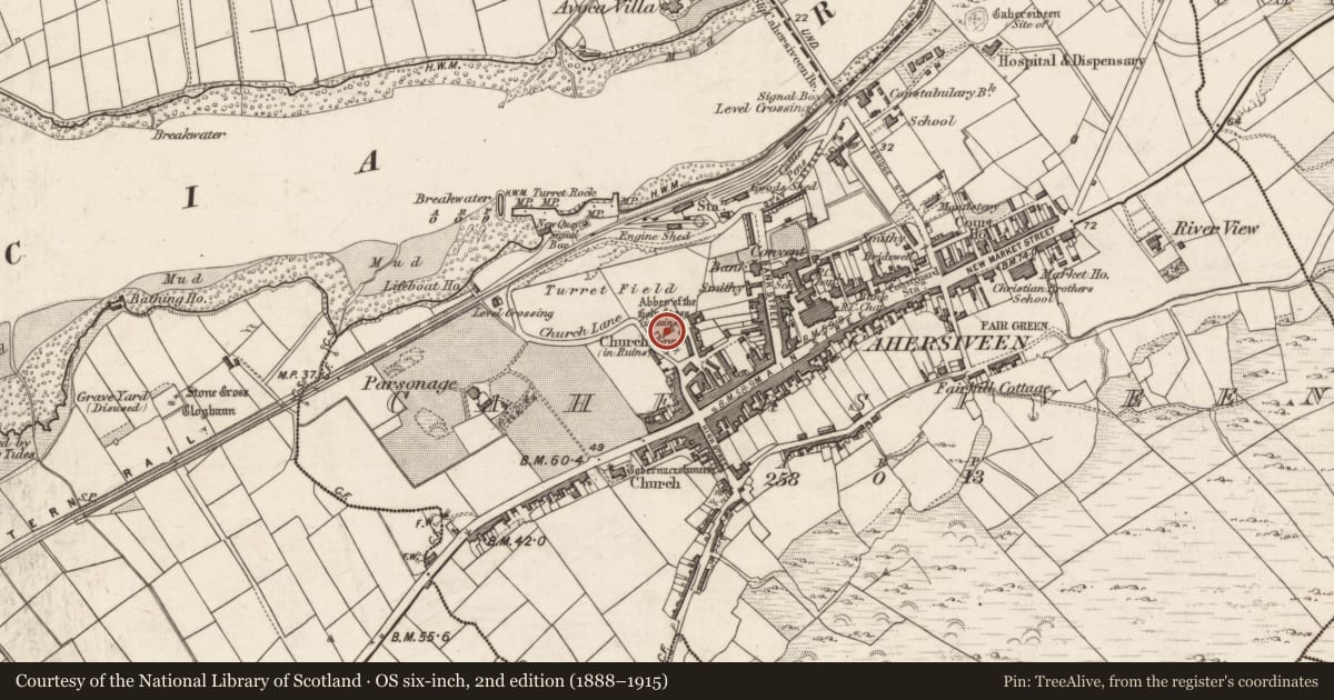 Ordnance Survey six-inch map, 2nd edition (1888–1915) covering the location of Graveslab, Cahersiveen, County Kerry, with a pin at the register's coordinates