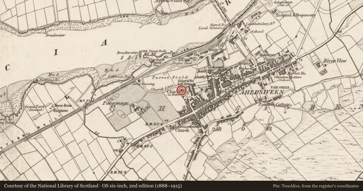 Ordnance Survey six-inch map, 2nd edition (1888–1915) covering the location of Architectural fragment, Cahersiveen, County Kerry, with a pin at the register's coordinates