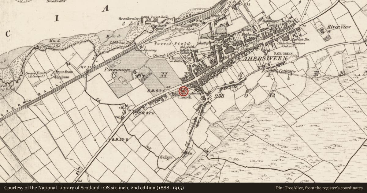 Ordnance Survey six-inch map, 2nd edition (1888–1915) covering the location of Ritual site - holy well, Cahersiveen, County Kerry, with a pin at the register's coordinates