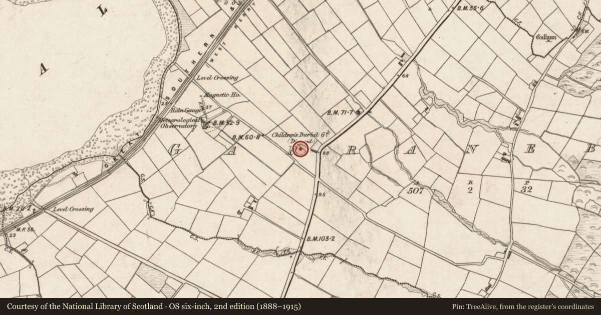 Ordnance Survey six-inch map, 2nd edition (1888–1915) covering the location of Children's burial ground, Garranebane, County Kerry, with a pin at the register's coordinates