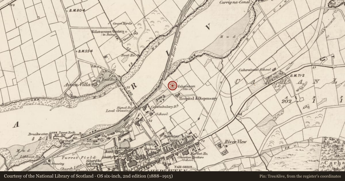 Ordnance Survey six-inch map, 2nd edition (1888–1915) covering the location of Souterrain, Cahersiveen, County Kerry, with a pin at the register's coordinates