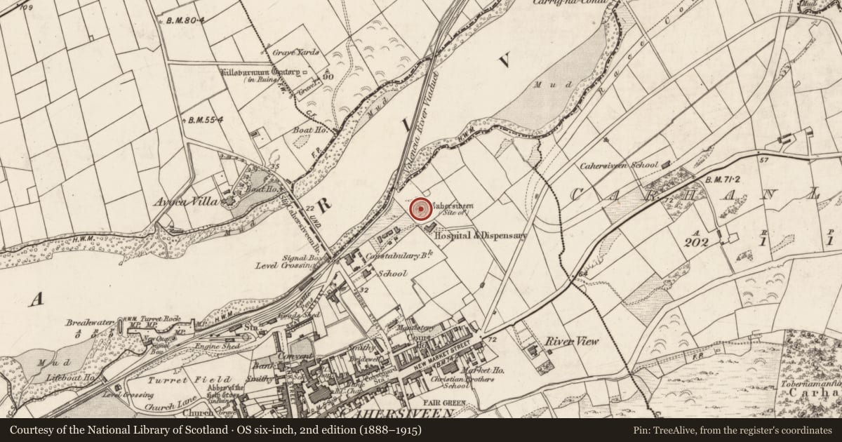 Ordnance Survey six-inch map, 2nd edition (1888–1915) covering the location of Souterrain, Cahersiveen, County Kerry, with a pin at the register's coordinates
