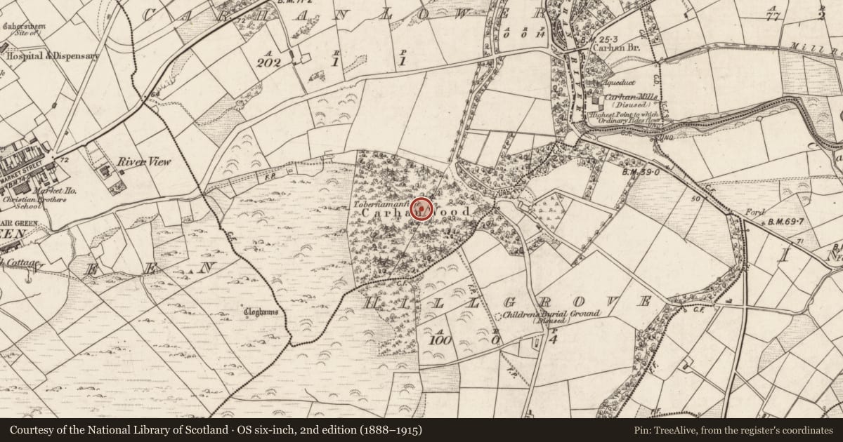 Ordnance Survey six-inch map, 2nd edition (1888–1915) covering the location of Ritual site - holy well, Carhan Lower, County Kerry, with a pin at the register's coordinates
