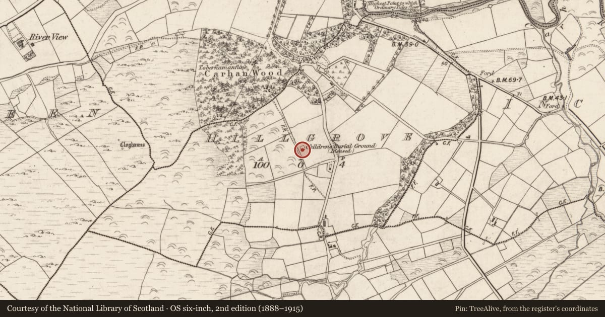 Ordnance Survey six-inch map, 2nd edition (1888–1915) covering the location of Children's burial ground, Hillgrove, County Kerry, with a pin at the register's coordinates