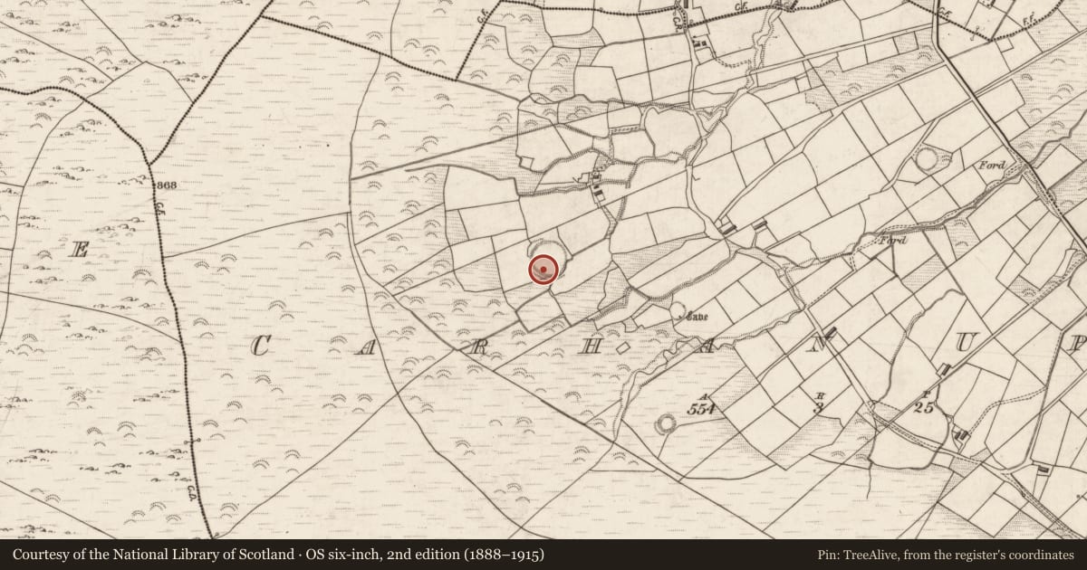 Ordnance Survey six-inch map, 2nd edition (1888–1915) covering the location of Souterrain, Carhan Upper, County Kerry, with a pin at the register's coordinates