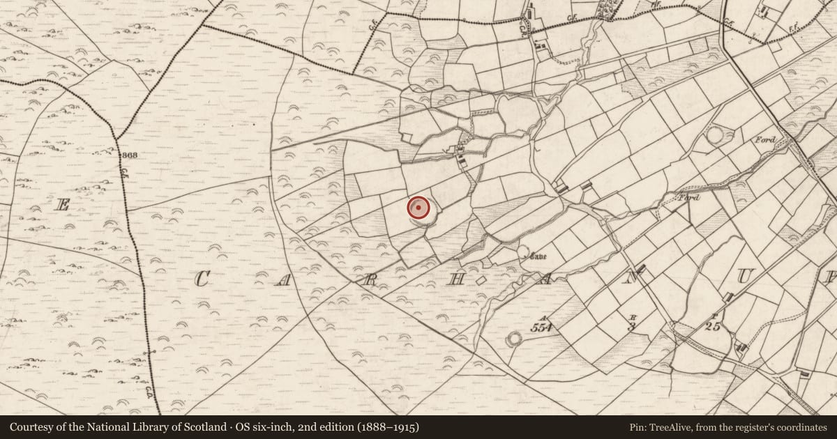 Ordnance Survey six-inch map, 2nd edition (1888–1915) covering the location of Hut site, Carhan Upper, County Kerry, with a pin at the register's coordinates