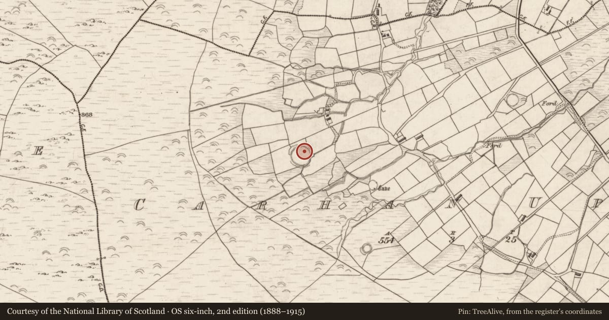 Ordnance Survey six-inch map, 2nd edition (1888–1915) covering the location of Hut site, Carhan Upper, County Kerry, with a pin at the register's coordinates