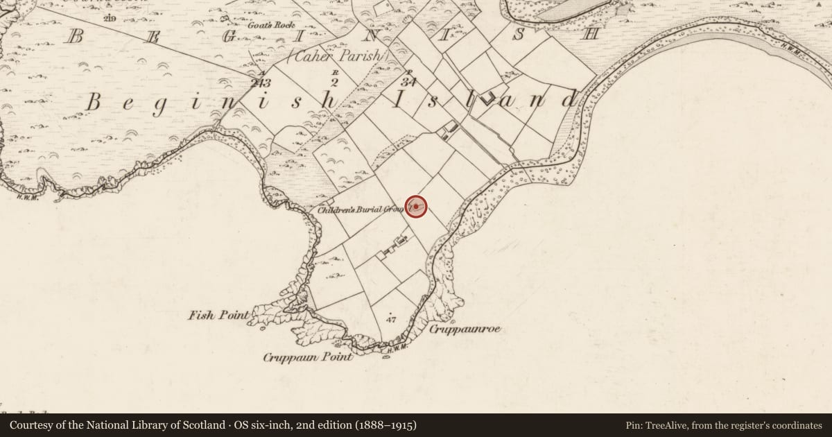 Ordnance Survey six-inch map, 2nd edition (1888–1915) covering the location of Children's burial ground, Beginish, County Kerry, with a pin at the register's coordinates