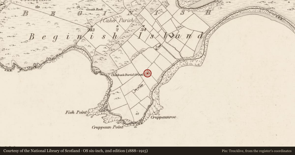 Ordnance Survey six-inch map, 2nd edition (1888–1915) covering the location of Church, Beginish, County Kerry, with a pin at the register's coordinates