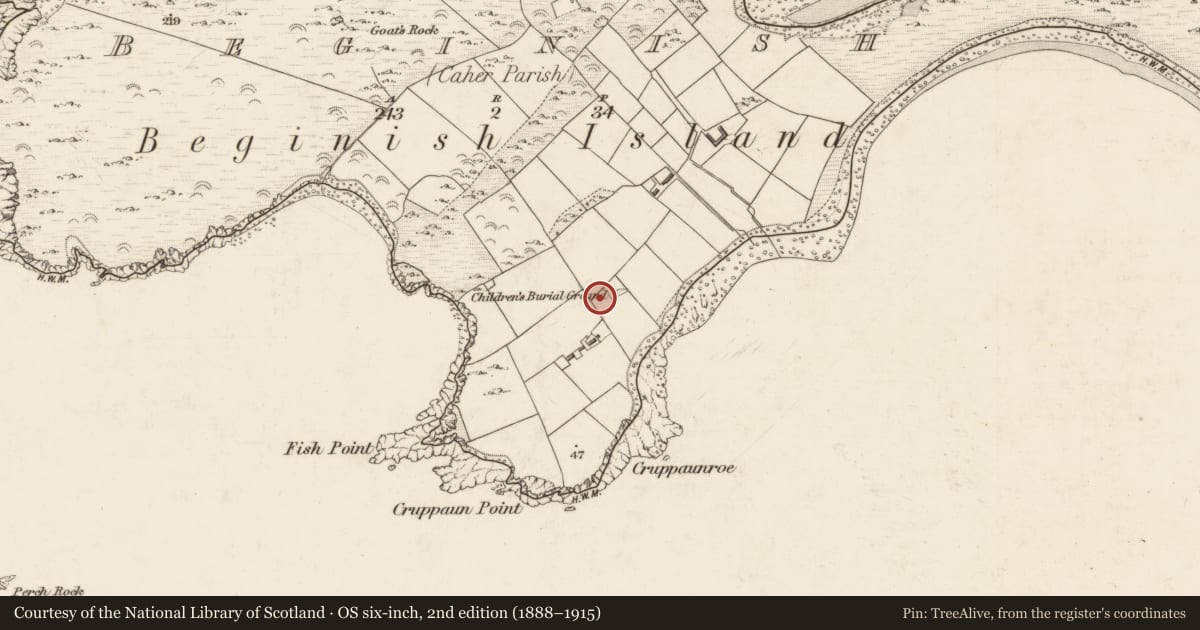 Ordnance Survey six-inch map, 2nd edition (1888–1915) covering the location of Hut site, Beginish, County Kerry, with a pin at the register's coordinates