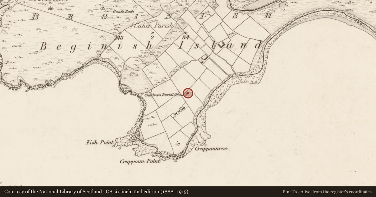 Ordnance Survey six-inch map, 2nd edition (1888–1915) covering the location of Enclosure, Beginish, County Kerry, with a pin at the register's coordinates