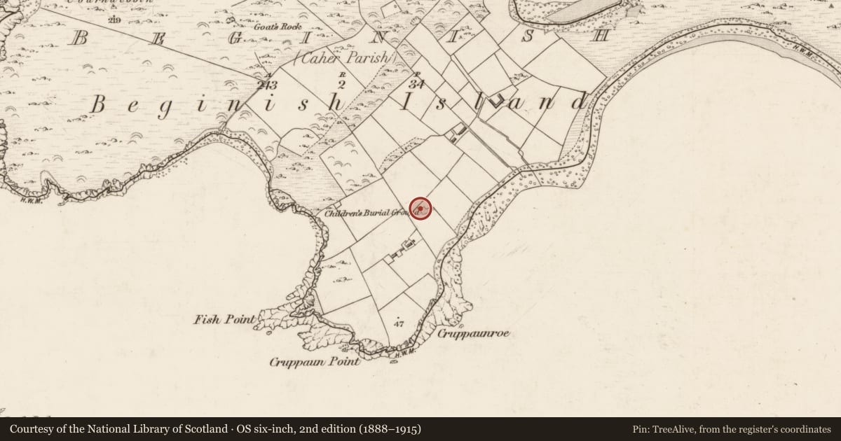 Ordnance Survey six-inch map, 2nd edition (1888–1915) covering the location of Leacht, Beginish, County Kerry, with a pin at the register's coordinates