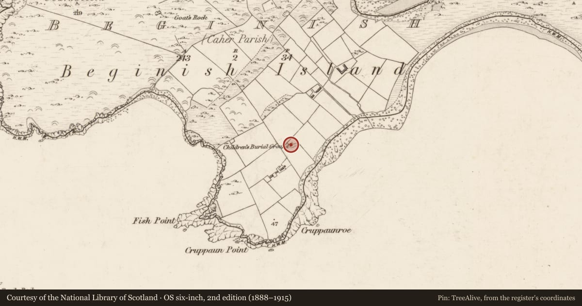 Ordnance Survey six-inch map, 2nd edition (1888–1915) covering the location of Cross-slab, Beginish, County Kerry, with a pin at the register's coordinates