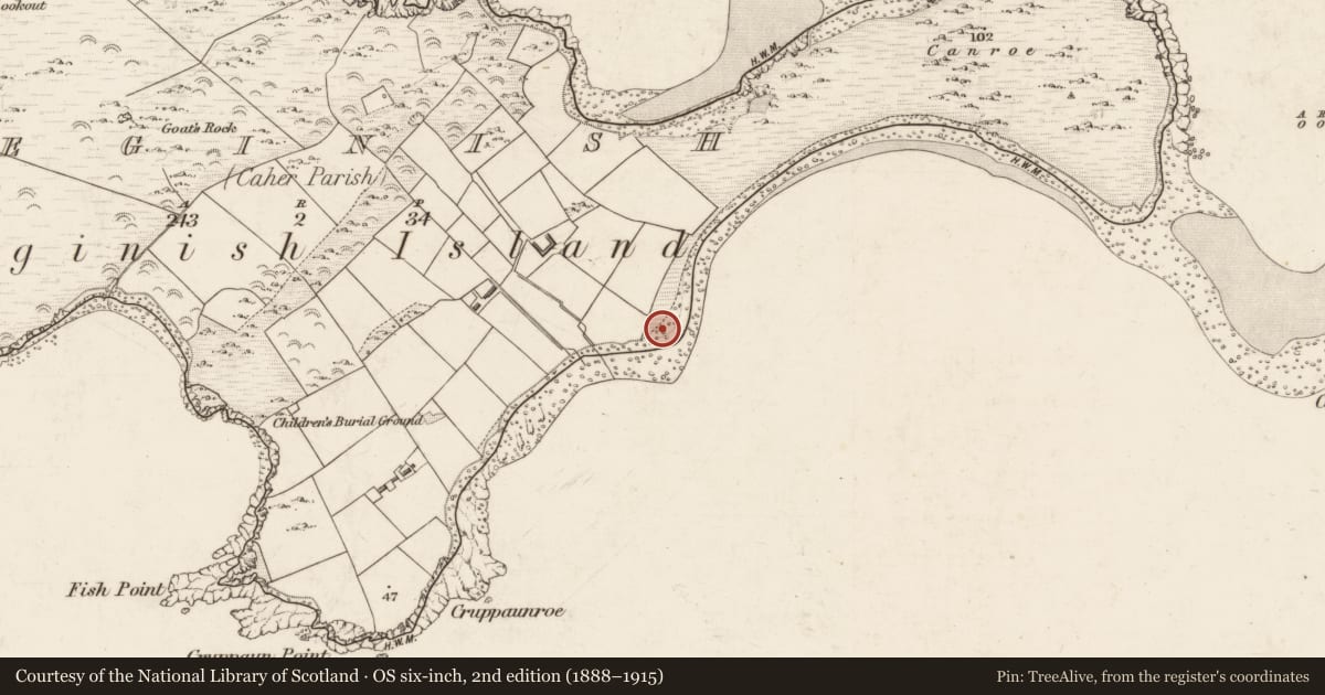 Ordnance Survey six-inch map, 2nd edition (1888–1915) covering the location of Enclosure, Beginish, County Kerry, with a pin at the register's coordinates