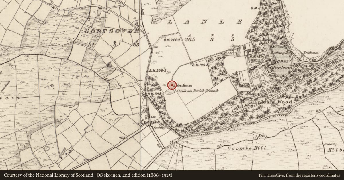 Ordnance Survey six-inch map, 2nd edition (1888–1915) covering the location of Ritual site - holy well, Glanleam, County Kerry, with a pin at the register's coordinates