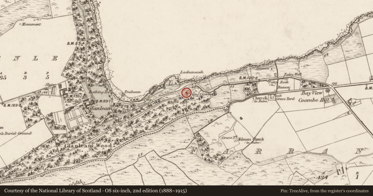 Ordnance Survey six-inch map, 2nd edition (1888–1915) covering the location of Cross, Glanleam, County Kerry, with a pin at the register's coordinates