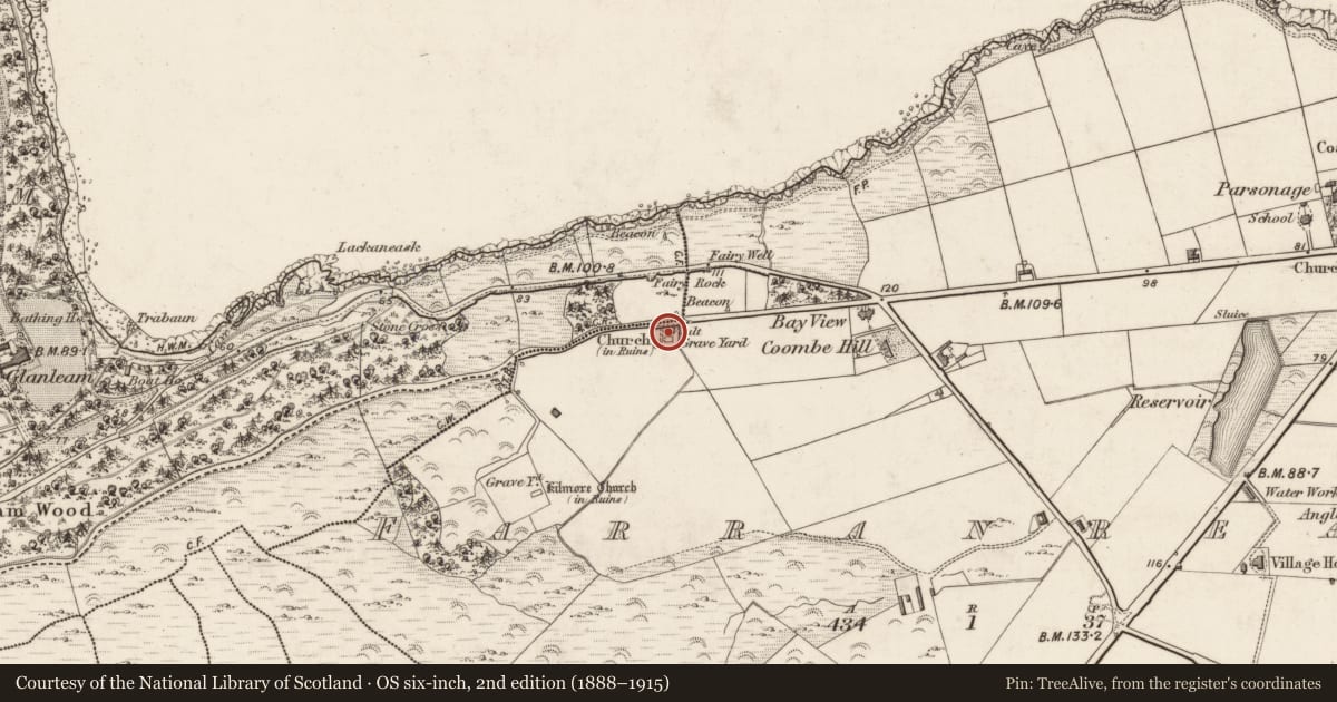 Ordnance Survey six-inch map, 2nd edition (1888–1915) covering the location of Church, Farranreagh, County Kerry, with a pin at the register's coordinates